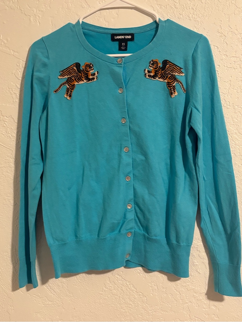 Lands' End Turquoise Button-Front Cardigan with Tiger Patches